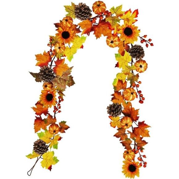 Fake Fall Maple Leaf Garland Hanging Vine- 6 Feet - Artificial Berries Sunflower - Picture 1 of 6